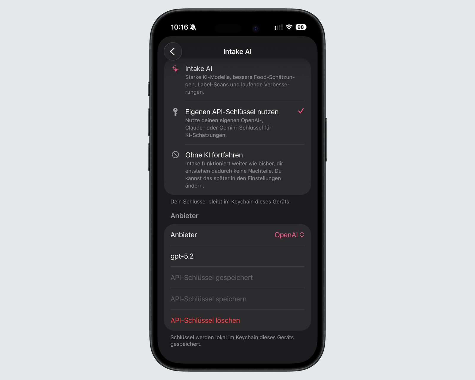 BYOK-Formular mit Auswahl für Anbieter und Modell sowie Eingabe für den API-Schlüssel.