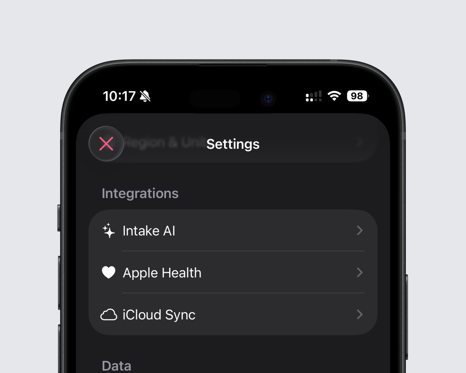 Intake AI navigation item in Settings under Integrations.