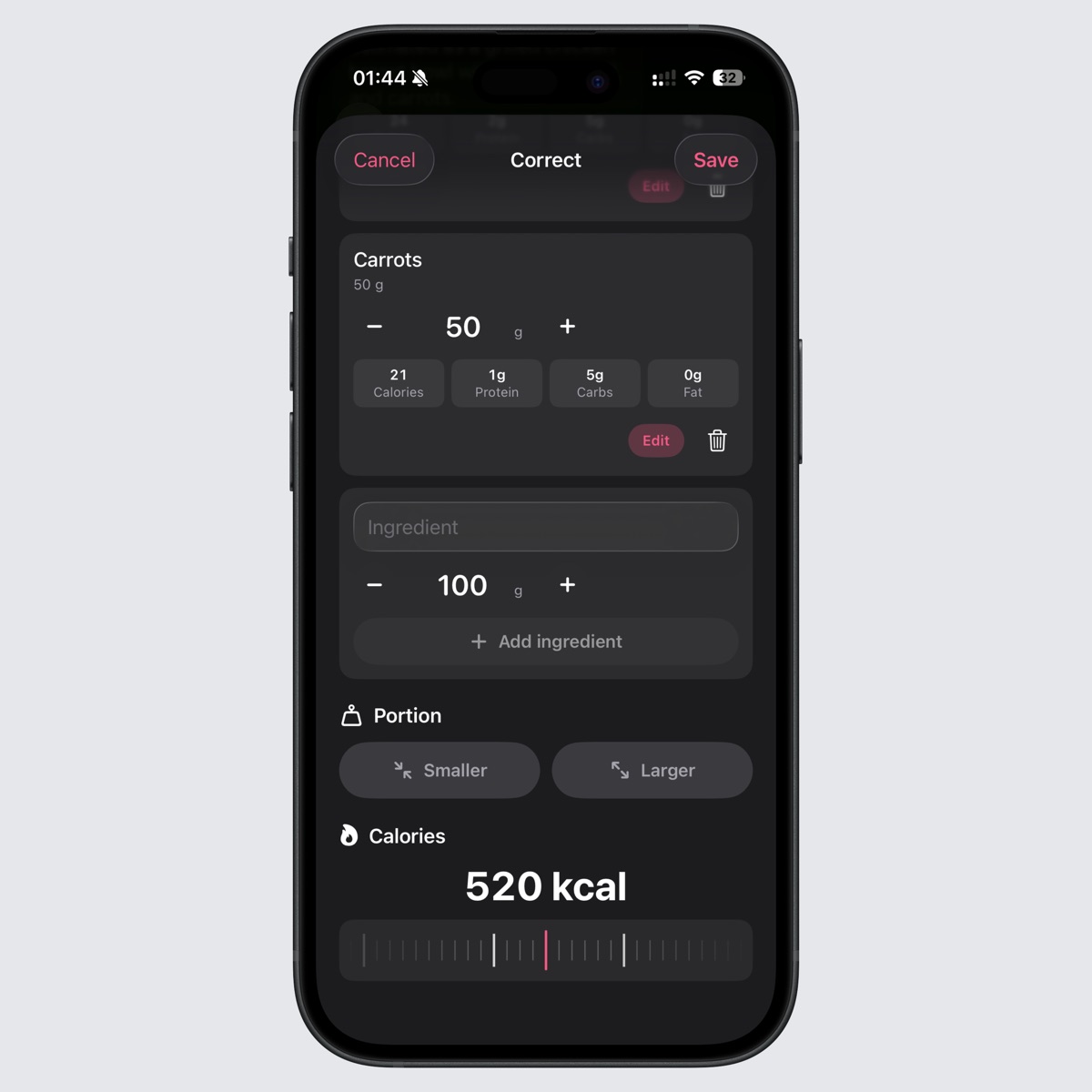 Intake AI correction view with ingredients, portion controls, and manual calorie adjustment.