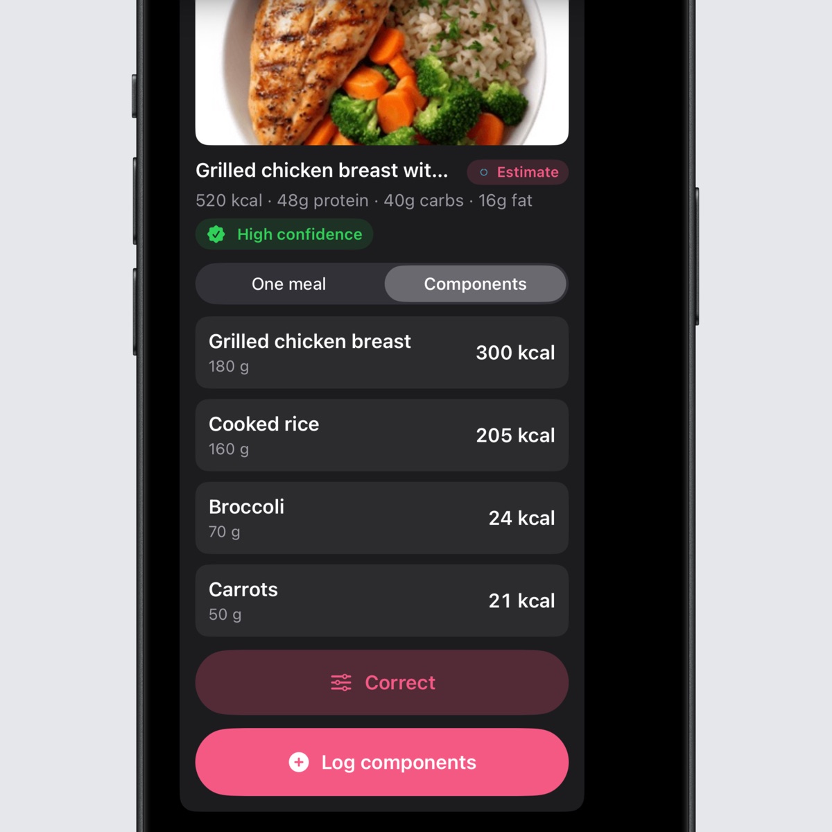 Intake AI shows recognized ingredients separately with component logging controls.
